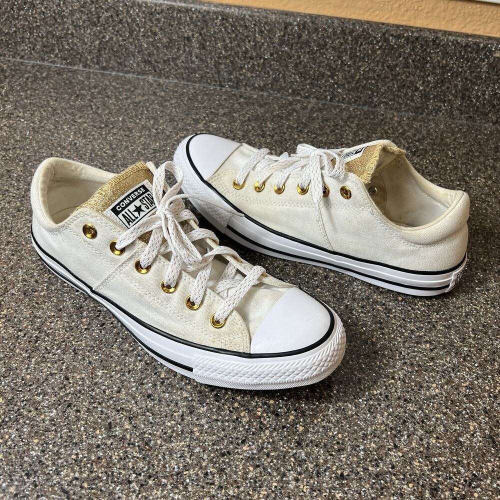 Converse Women Sz 10 Canvas Sneaker Ivory Lace Up Low Padded Tongue Gold Glitter